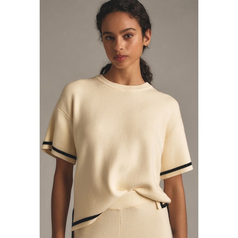 Anthropologie English Factory Short Sleeve Tipped Boxy Sweater Ivory Size L